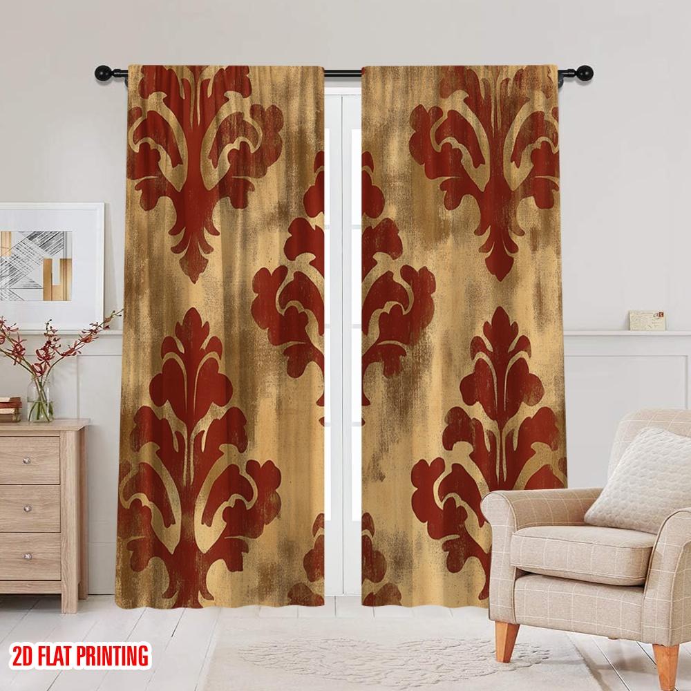 Vintage Flat Printing Curtains Burgundy Golden Abstract Digital Printed Polyester Drapes Party Decorations New Set Of 2 Made