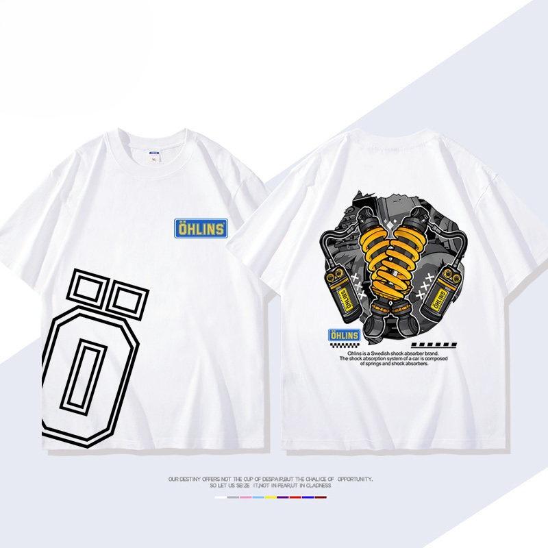 OHLINS Motorcycle Shock Absorber Modified Shortsleeved Tshirt Casual Mens and Womens Pure Cotton Clothing