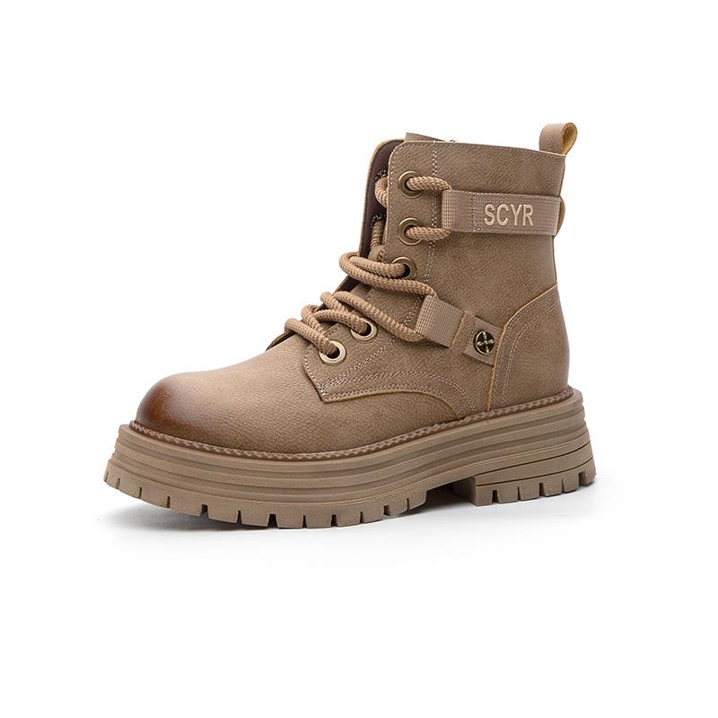 Rhubarb boots women's 2025 autumn new leather thick-soled tooling wind Martin boots velvet short snow boots women's boots