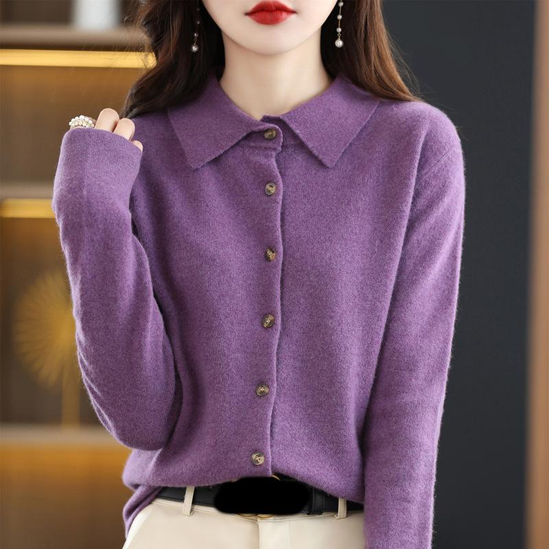 Women's POLO Collar Knitted Cardigan Basic Versatile Top Spun Wool Jacket Elegant Single Breasted Sweater