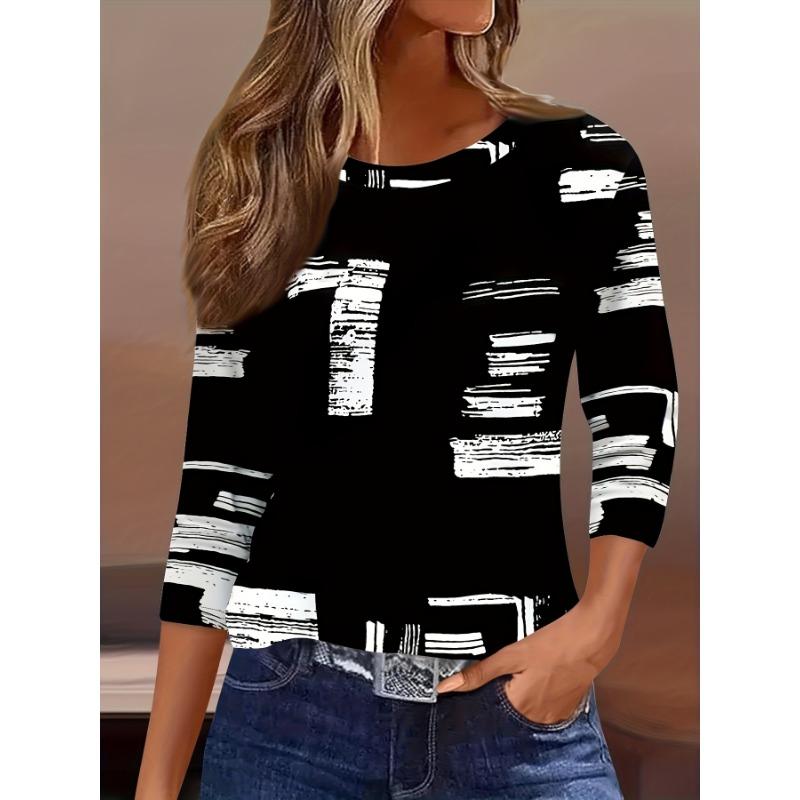 Women s Casual Contrast Color Abstract Print T-Shirt - Spring, Summer and Autumn Loose Round Neck Top S