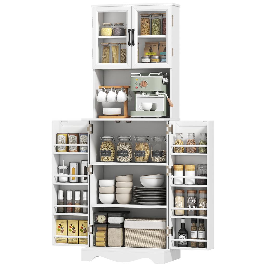 High-end kitchen buffet, 4-door kitchen cabinet, 8 spice racks, adjustable shelf, 60x39.5x179.6cm, white