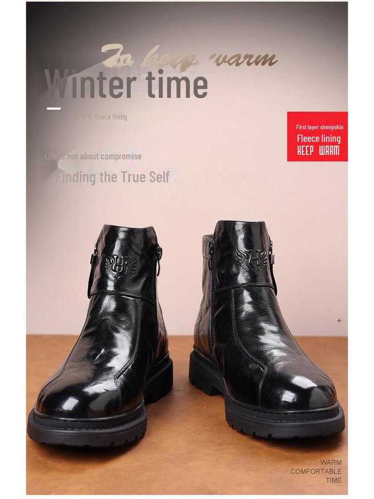 Men's Genuine Leather High Top Winter Boots - Warm Velvet-Lined Casual Martin Boots in British Style.