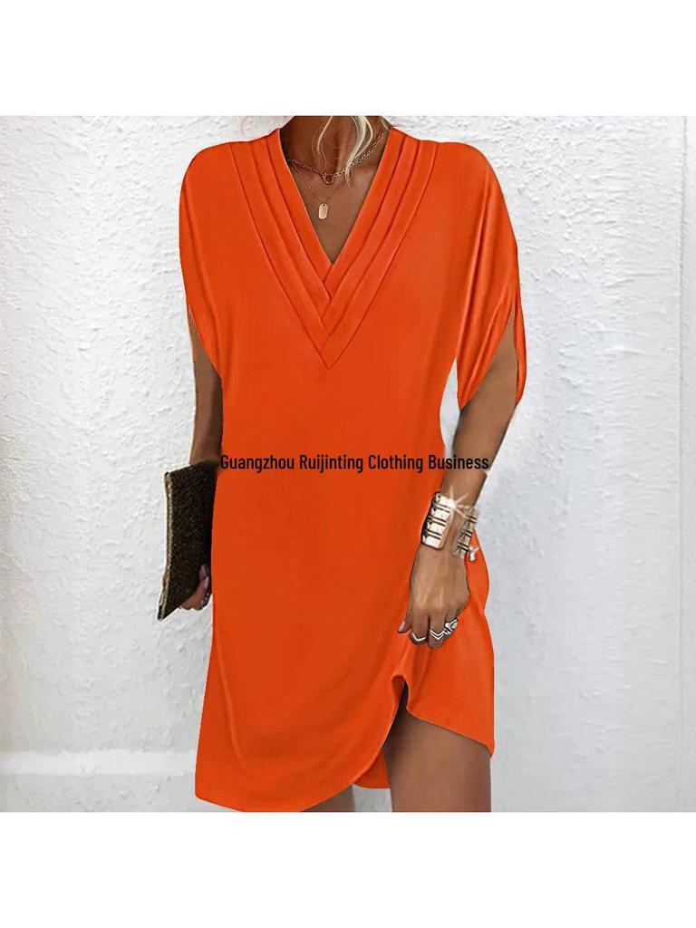 2024 V-Neck Pleated Bat Sleeve Dress for Women - Spring/Summer Collection
