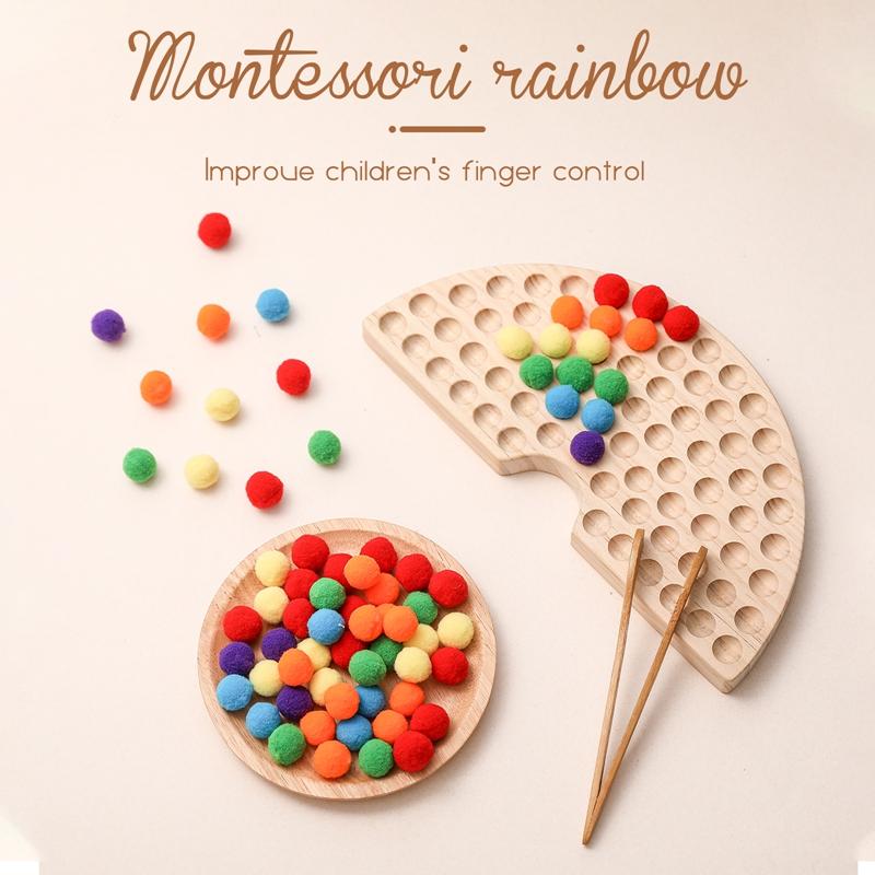 Montessori Toys Rainbow Board Clamp Ball Toy Wooden Baby Toy Hand and Foot Coordination Toy Baby Tolor Recognition Toy Gift