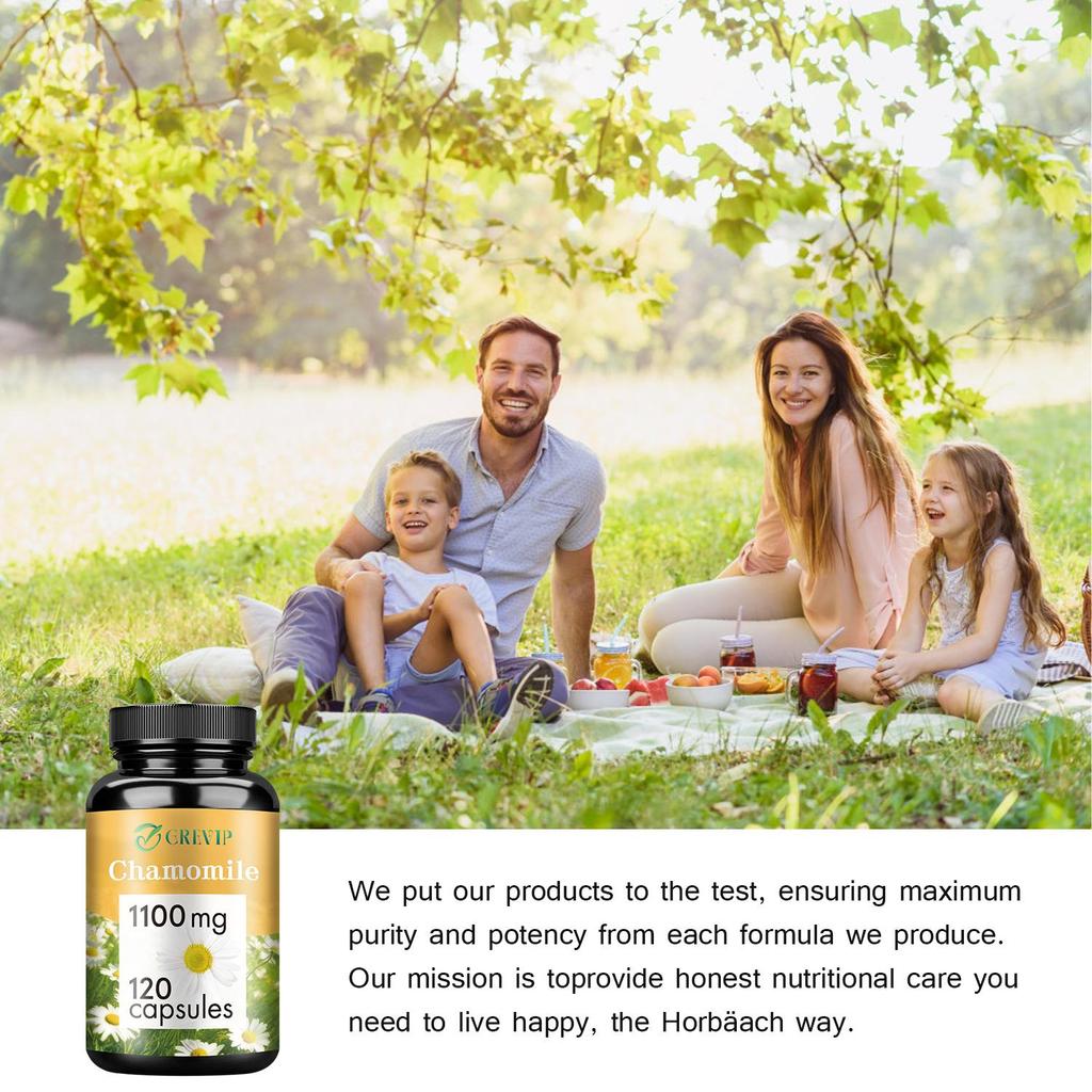 Chamomile extract capsules, natural supplement, 1100 mg per serving, suitable for both men and women.
