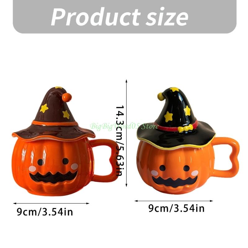 24TE Unique Halloween Themed Ceramics Mug with Pumpkin Design Matching Witch Hat Lid