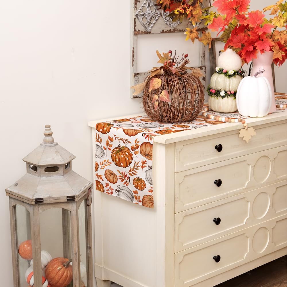 Fall Linen Table Runner Pumpkin Maple Leaves Orange Autumn Seasonal Farmhouse Indoor Kitchen Home Table Party Decorations