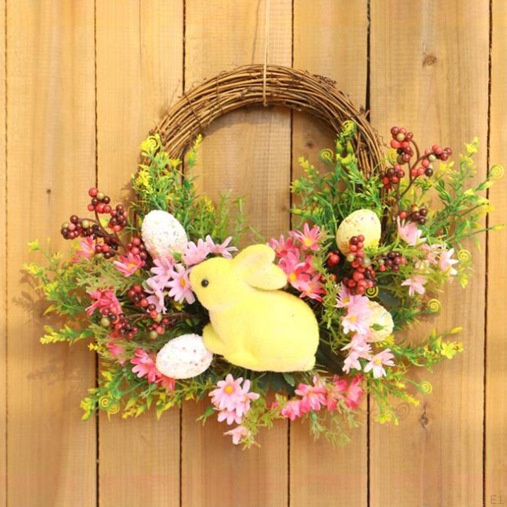 16'' Easter Door Wreath Hanging with Colorful Eggs Artificial Flower Garland for Garden Front