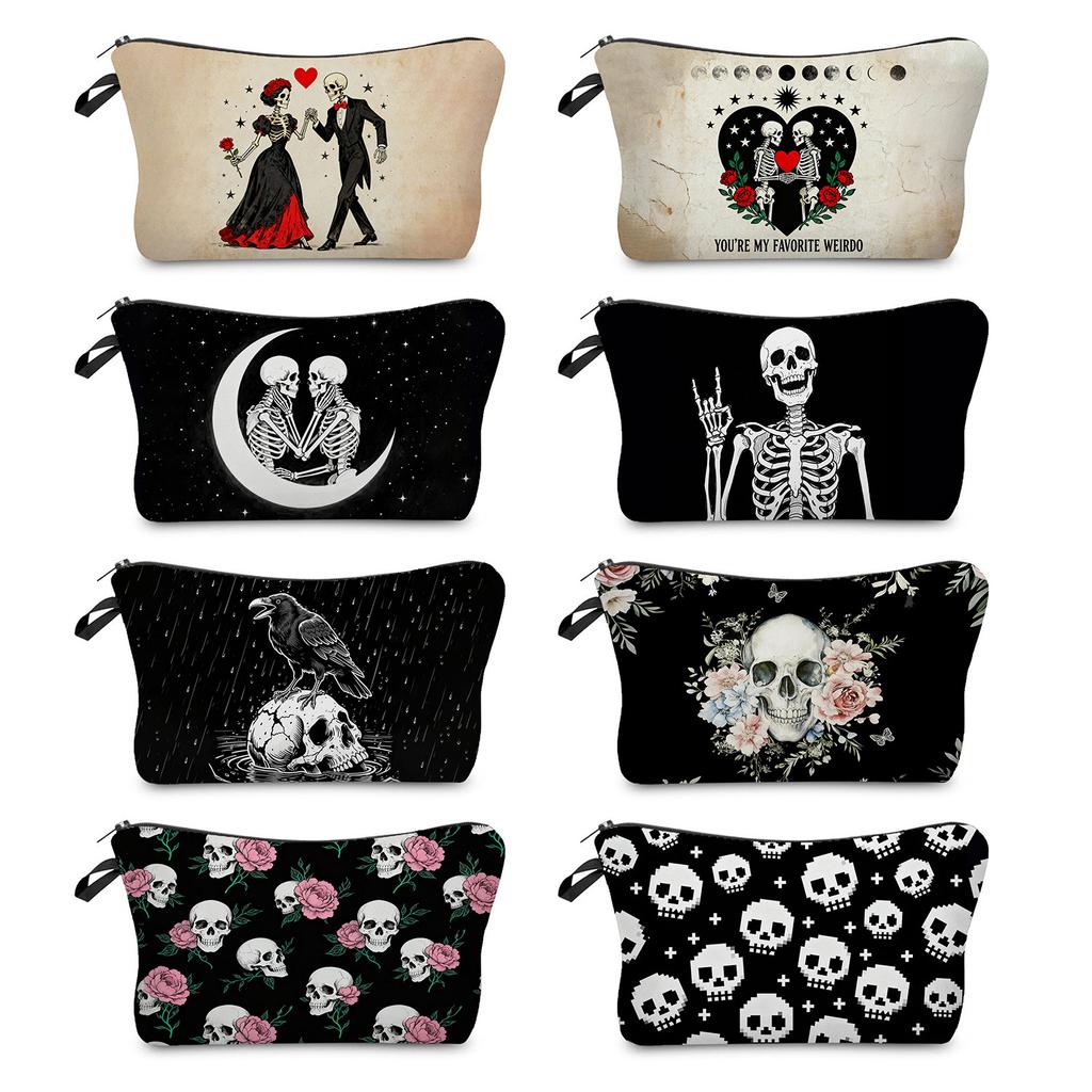 Skull Print Cosmetic Bag, Nail Polish Storage Bag, Daily Travel Clutch Bag, Toilet Bag.
