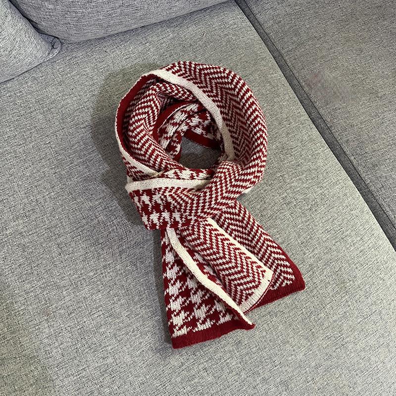Korean Retro Red Houndstooth Wool Scarf: Warm Winter Knit for Women