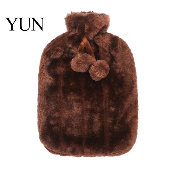 Winter Hot Water Bag 2L Bottle with Plush Cover, Pompom Drawstring Warm Bag, for Hands, Feet, Stomach Lightweight