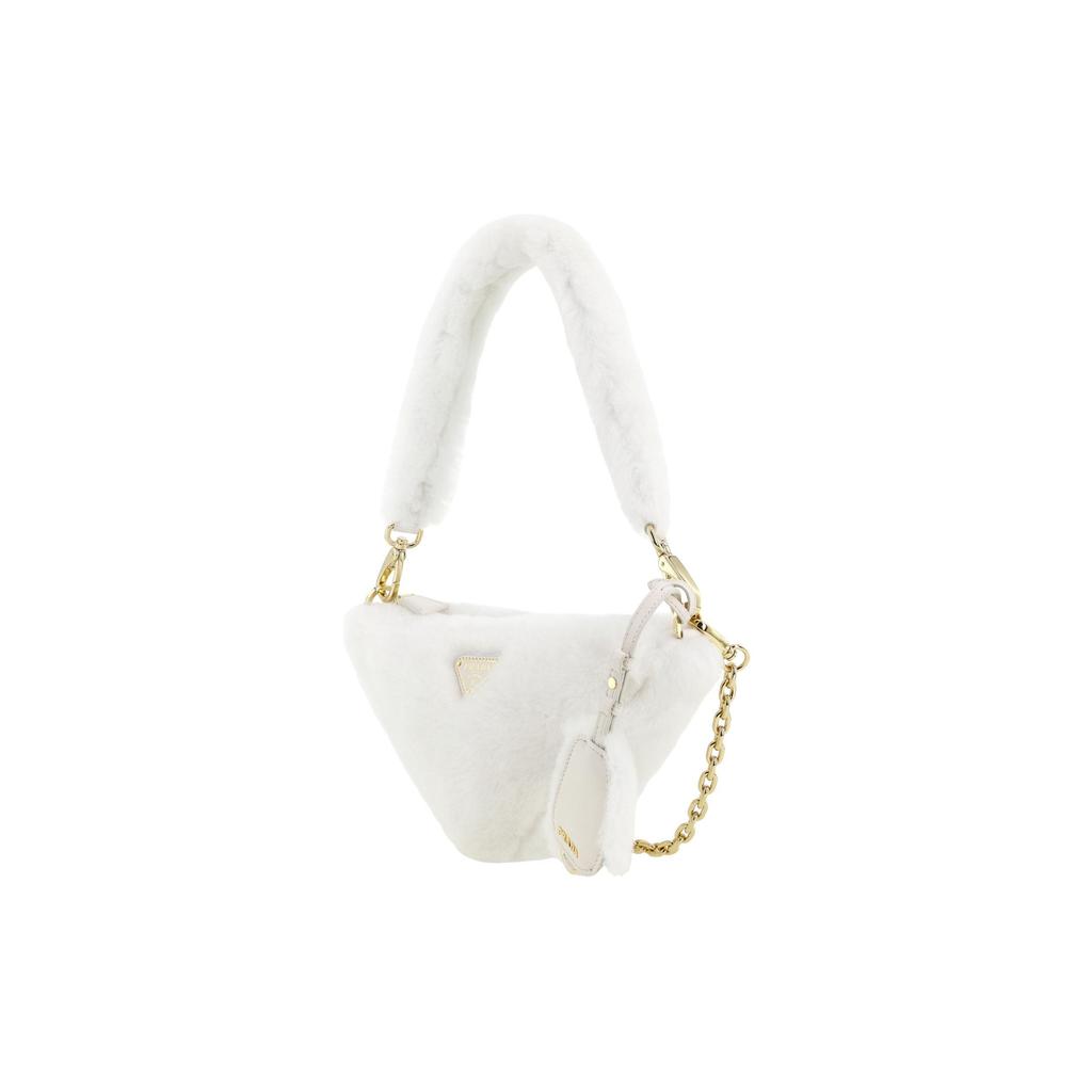 Prada Triangle Gold Metal Logo Zipper Closure Shoulder Bag Plush Women Shoulder Bag White 1BC543_2EC9_F0009_V_ZOO