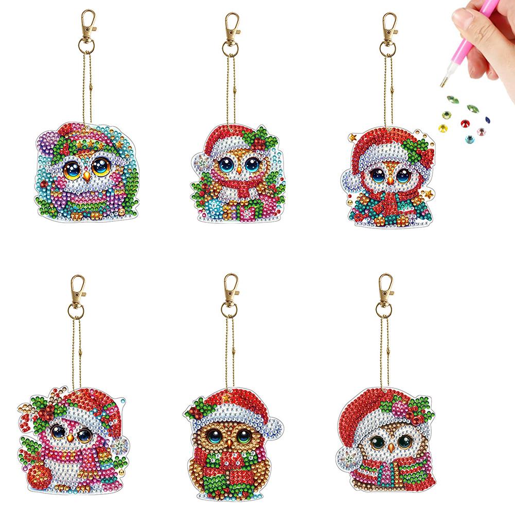 6Pcs Double Sided DIY 5D Round Diamond Art Charms Diamond Art Set Diamond Key Rings Hanging Ornaments for Beginners Enthusiasts