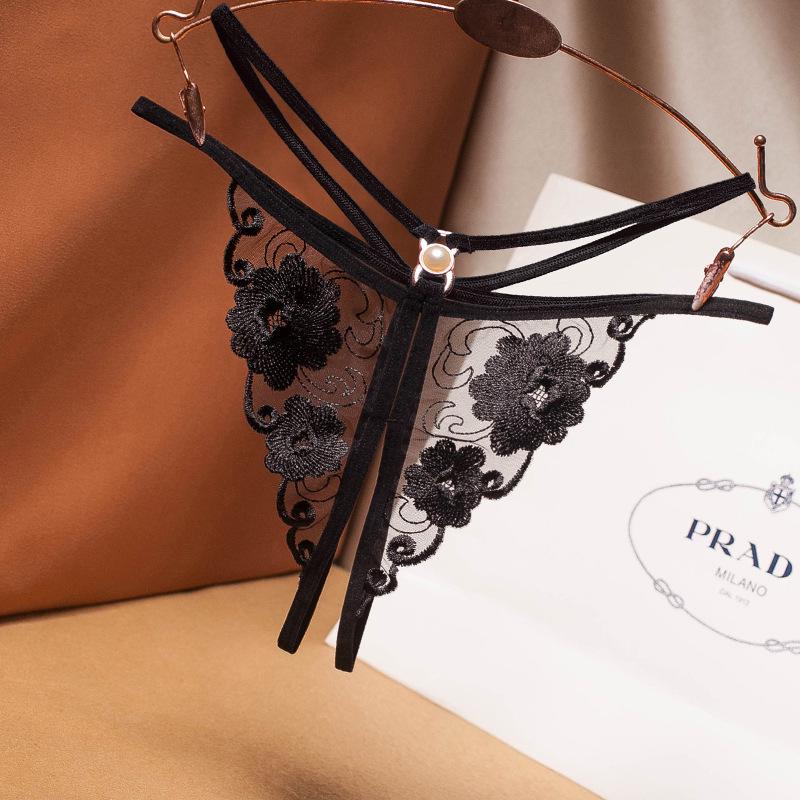 Women's Sexy Lace-Up Mesh Embroidered Thong with Pearl Detail and Open Crotch