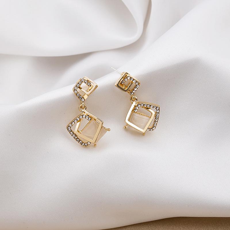 Geometric Square Earrings, Opal Diamond-Set Rhombus Temperament Trendy Stud Earrings.