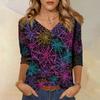 Women's Casual V-Neck 3/4 Sleeve Top with Halloween Print for Holiday Party and Daily Wear