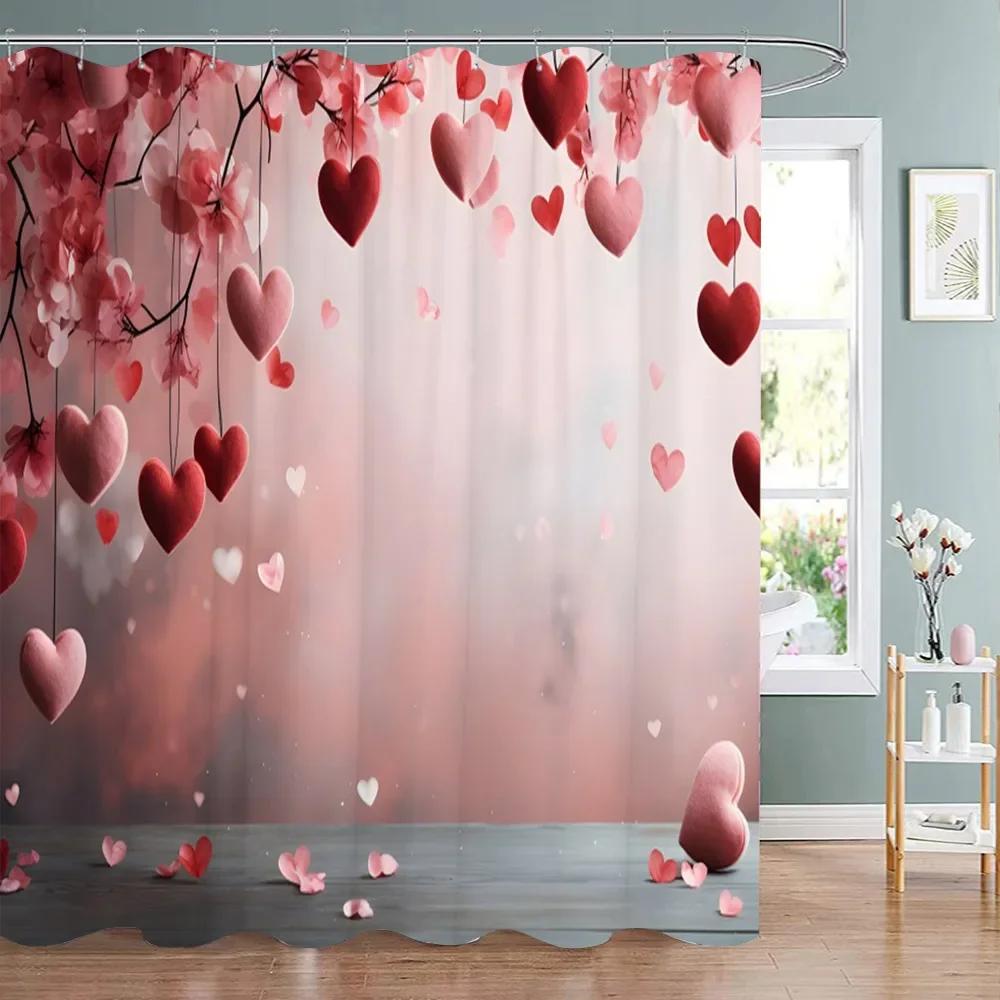 Valentine's Day Decoration Shower Curtain Holiday Gift Party Background Decoration Fabric Washable Shower Curtain Bathroom Decor