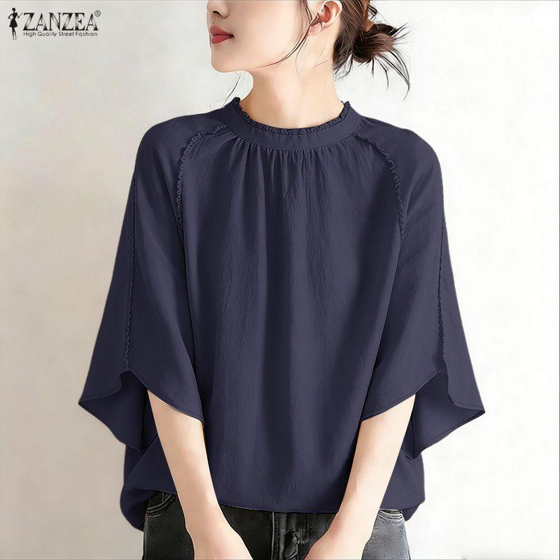 ZANZEA Women Casual Round Neck Solid Color 3/4 Sleeve Blouse