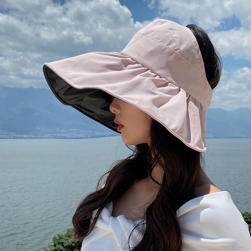 Sunscreen visor hat women's summer vinyl empty top sun hat light big brim face covering foldable bucket hat