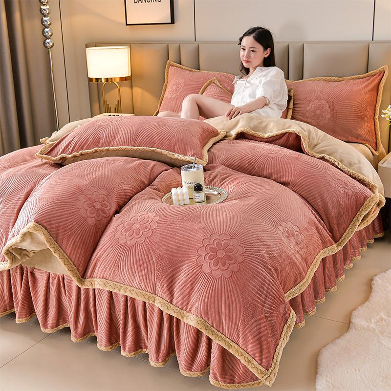Class A Maternal And Infant Grade High-Gram Carved Fleece Milk Fleece Bed Skirt4-Pcs Set, Winter Double-Sided Fleece Quilt Cover