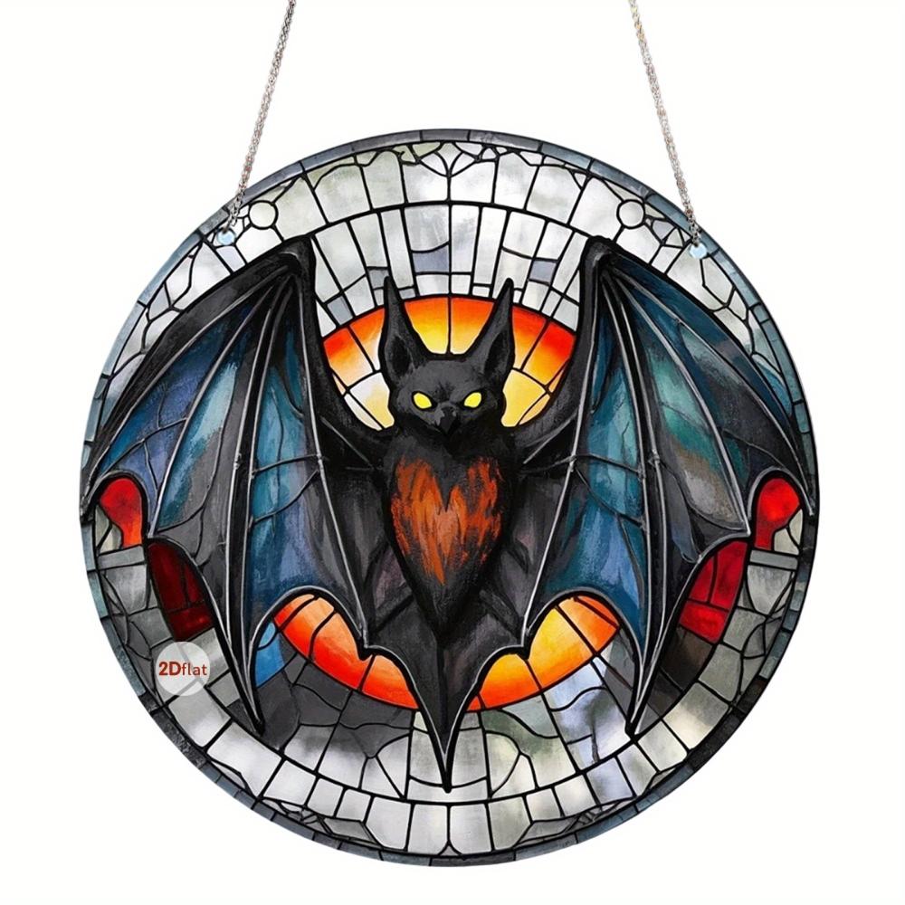

2D плоский ретро Хэллоуин акриловый круглый кулон-ловец снов - узор летучей мыши/вороны/черного кота, украшение для окна, ужасающее украшение для дома в помещении и на улице 20CM темно-серого