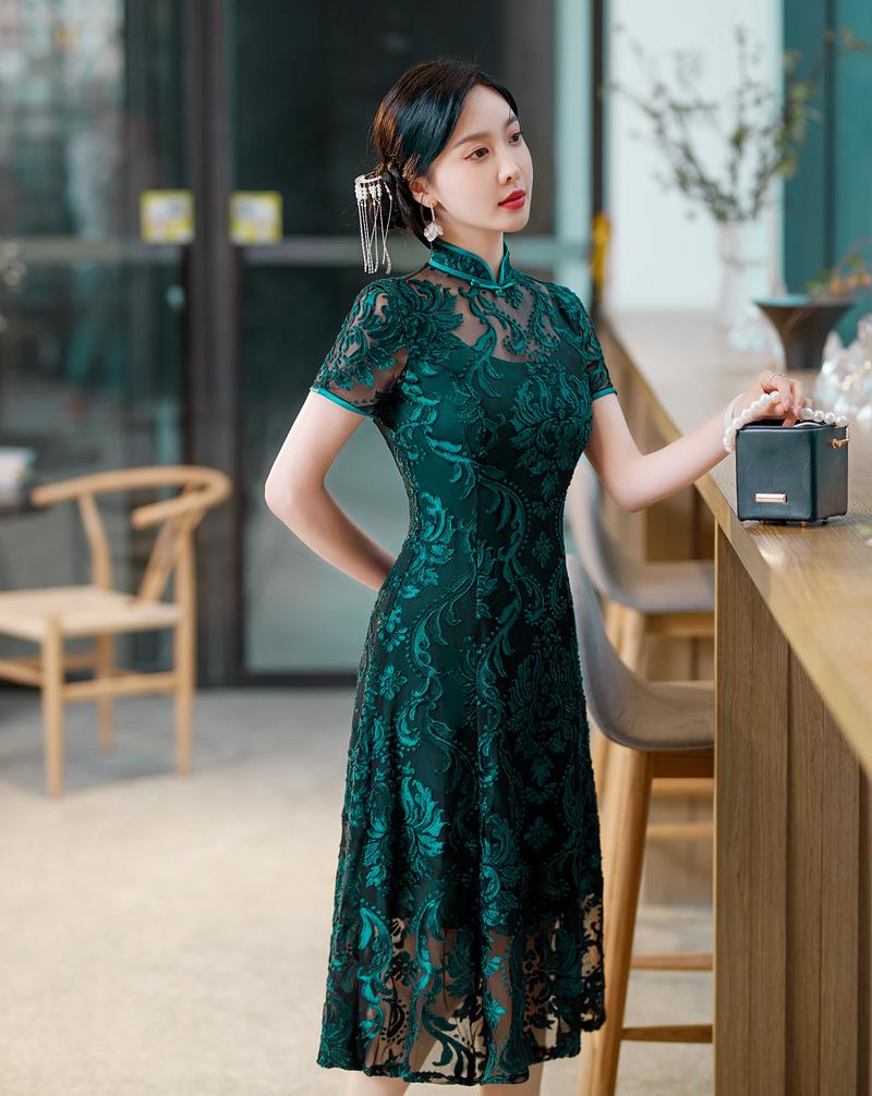 1011 ilkbahar ve yaz siyah dantel cheongsam genç seksi moda orta ve uzun mizaç geliştirilmiş zarif elbise