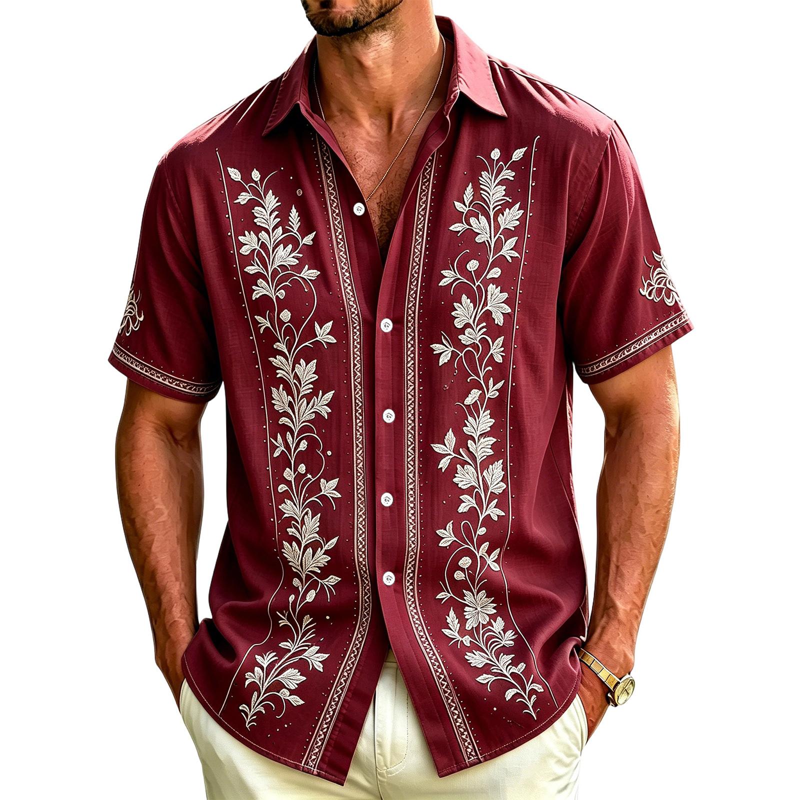 

Men Short Sleeve Button Down Shirt Embroidered Floral Design Lightweight Casual Relaxed Fit Collared Top S винный