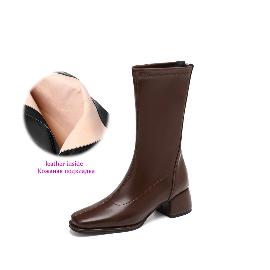 Krazing Pot Microfiber Autumn Winter Shoes Thick Med Heels Size 43 Chelsea Boots Apricot Zipper Mid-calf Boots