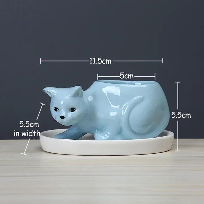 Cute Cat Ceramic Succulent Planter with Tray - Creative Animal Shape Flower Pot for Cactus/Bonsai/Indoor Plants - Home