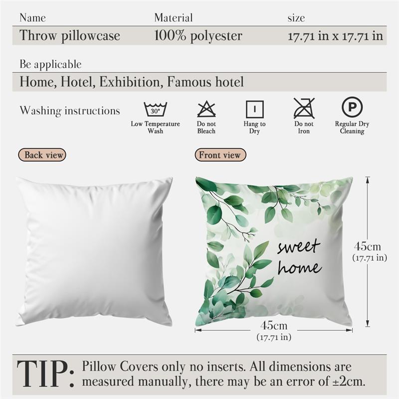 Watercolor Green Leaves Sweet Home Print Home Decor Pillowcase Bedroom Living Room Sofa Decoration Polyester Cushion Cover