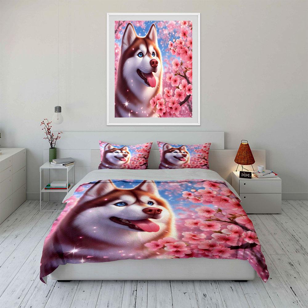 Adorable Red Husky With Cherry Blossoms 3Pcs Bedding Set Soft Microfiber Bedding Set For Dog Lovers & Spring Vibe Bedroom Decor