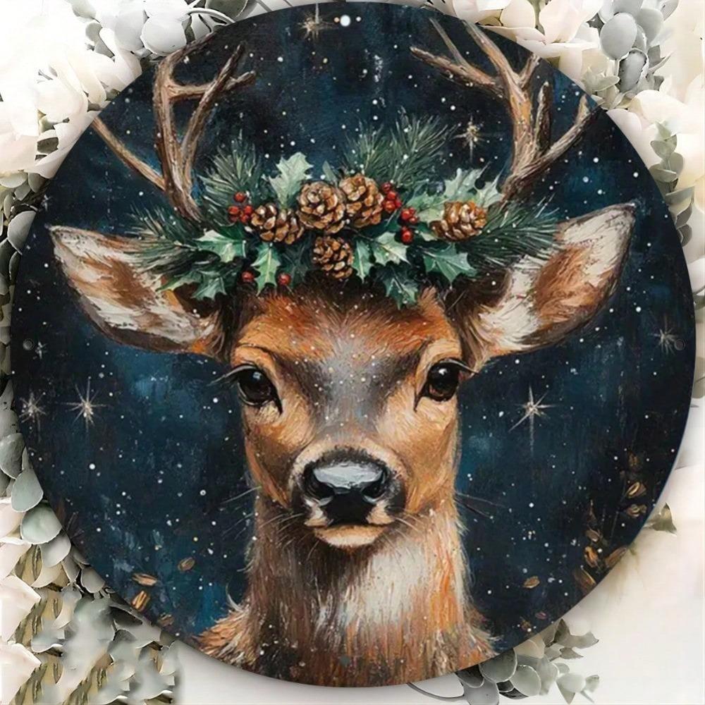 Vintage Reindeer Christmas Metal Wall Art 8x8 Inch Round Tin Sign For Bar Cafe Club Room Decor