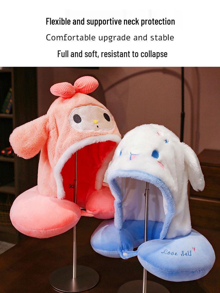 Hooded Cartoon U-Shaped Travel Neck Pillow with Hat - Gift for Girls