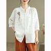 Leinen Stickerei Hemd Damen Locker Mittellang Ärmel Vintage Bohemian Freizeit Bluse