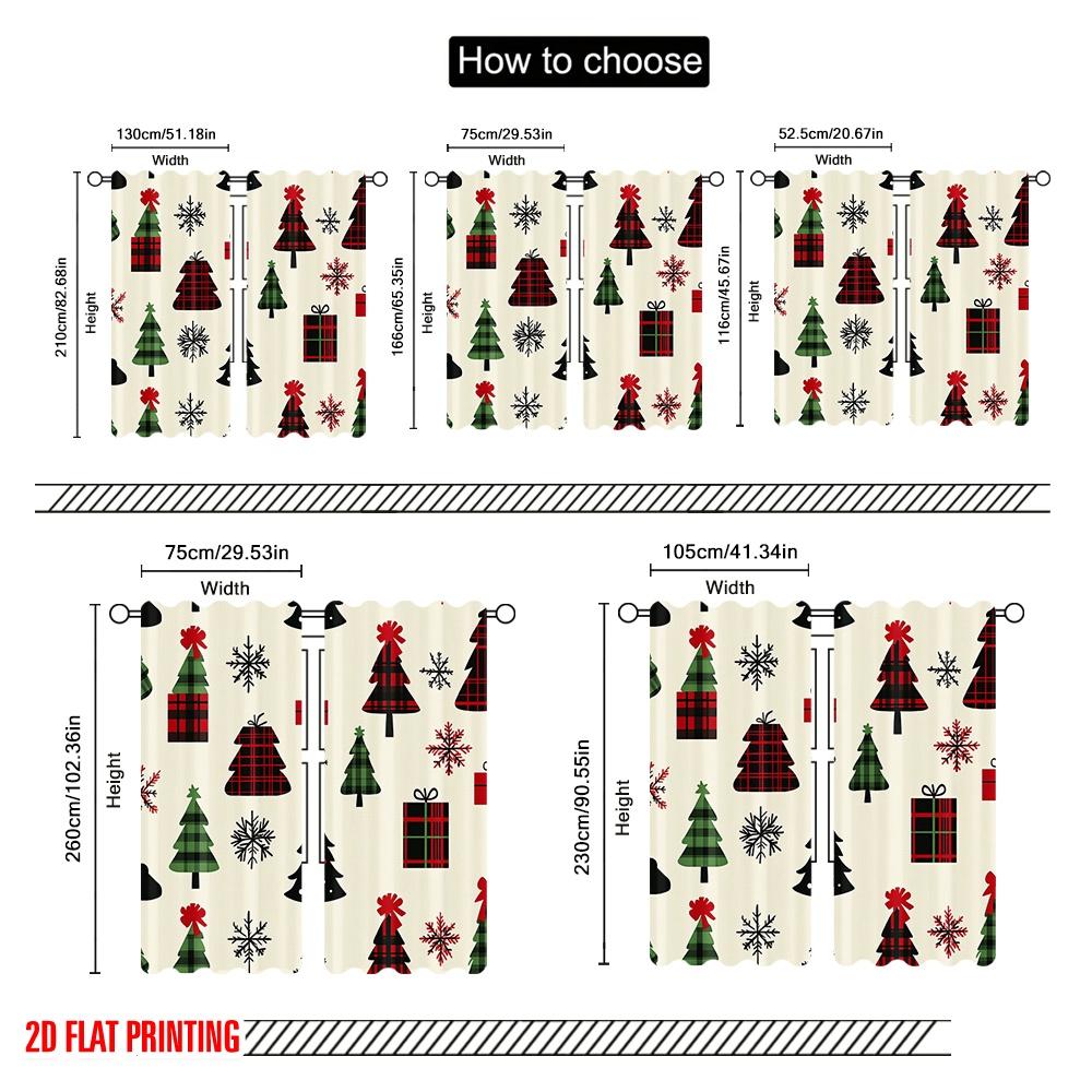 2pcs,2D Plane Printing Print Curtains Buffalo Plaid Christmas Trees Snowflakes_b Durable 100% Polyester Fabric (without Rod) All