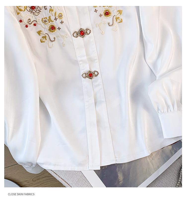 Authentic New Chinese Style Stand Collar Embroidered Shirt with Frog Buttons & Horse Face Skirt - Long Sleeve National Style Top
