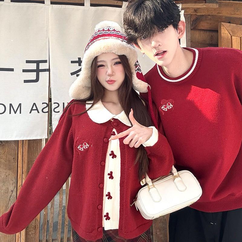 2025 Winter Couple Knit Sweater Fake Two-piece Long Sleeve French Casual Pullover S-3XL