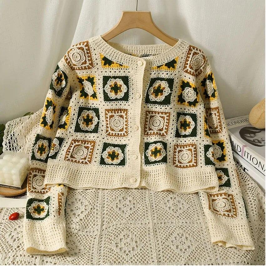 Retro etnické háčkování Pletené topy Ženy Květinové výšivky Pletené Svetry Svetry Dámské 2024 Jaro Podzim Pletený Kabát Boho
