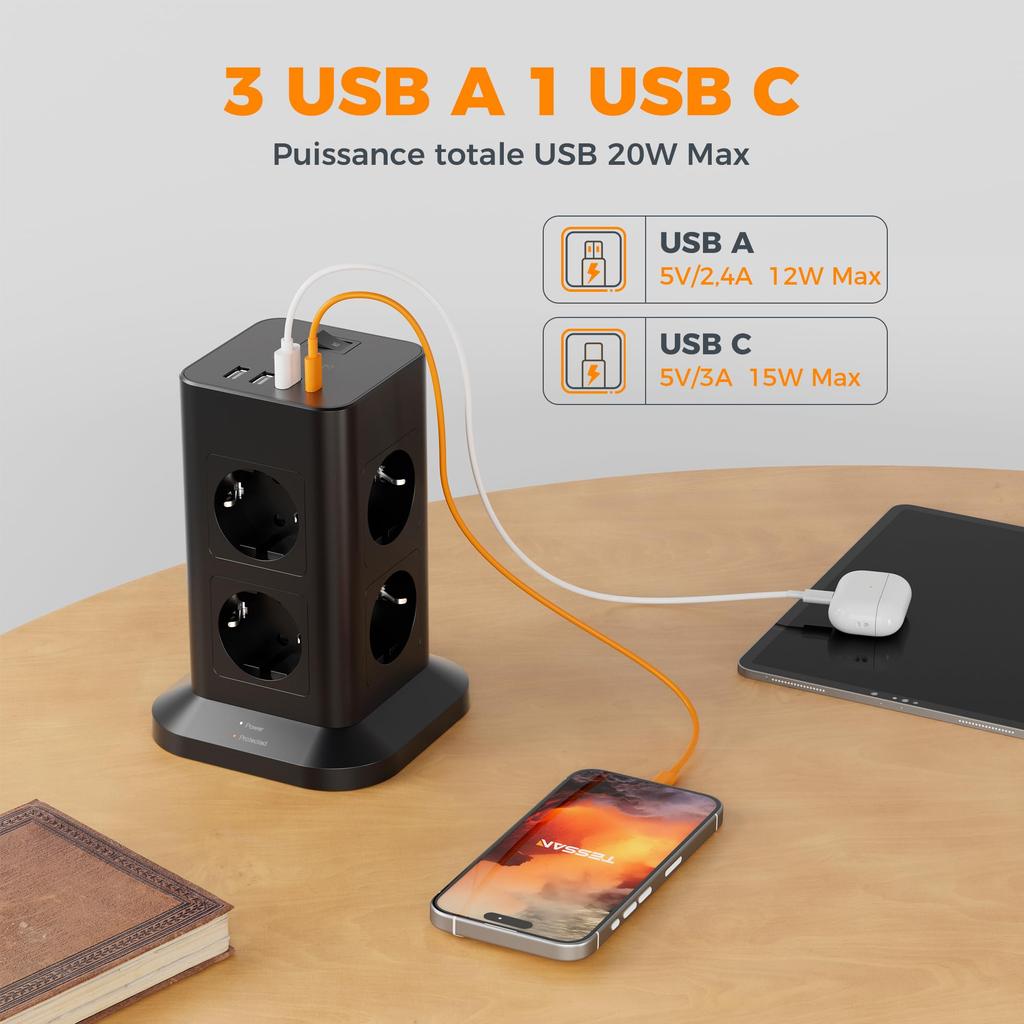 TESSAN Tower 8 Way Outlets Socket Multi Power Strip Vertical 2m Extension Cord EU Plug with 3 USB-A USB-C Surge Protector Switch