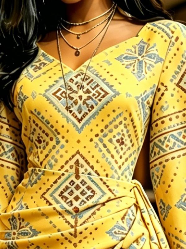 Women's Yellow Ethnic Diamond Print Wrap Maxi Dress V Neck Flare Sleeve Vintage Party Dress