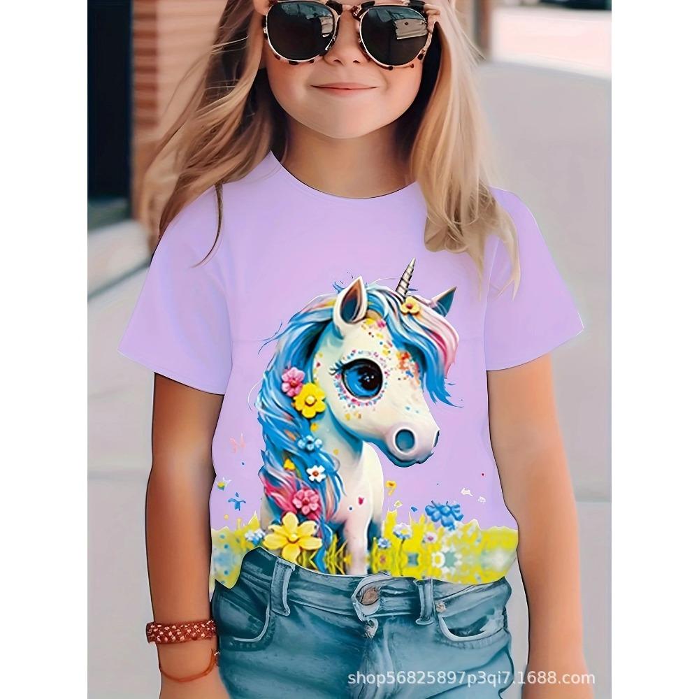 Cartoon Unicorn 3D Digital Casual Short-Sleeve T-Shirt, Suitable for Outdoor Wear, Cute Cartoon Print