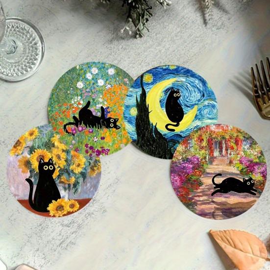 6 Pcs Art And Black Cat Wooden Coasters Cute Cat Drink Coaster Round Cup Mat for Table Protection Housewarming Gift for Home Bar Decor