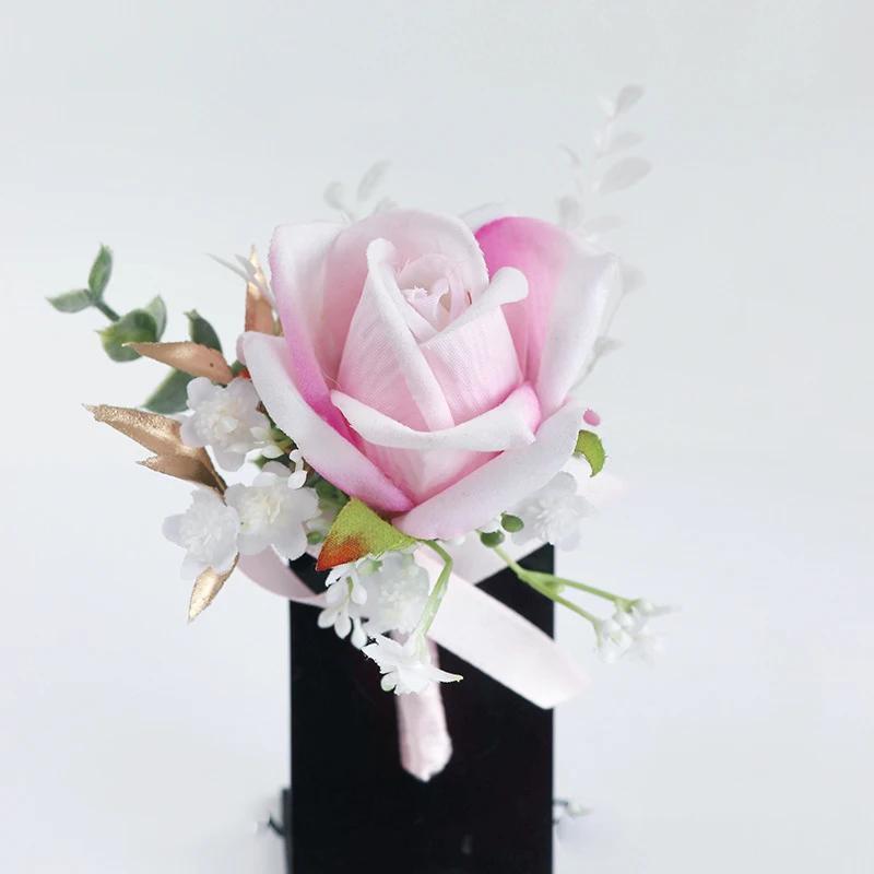 6pcs White Pink Corsage and Boutonniere Set Artificial Rose Wristlet Suit Flower for Men Wedding Party Prom Decoration