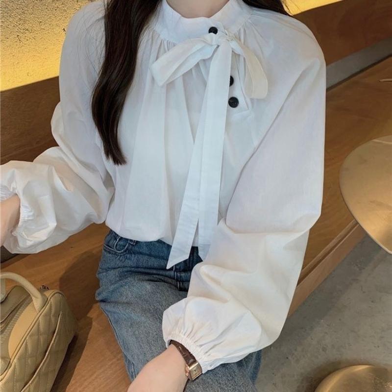 Solid Color Women's Shirt Stand Collar Bow Tie Fold Detail Diagonal Buckle Lantern Sleeves Blouse French Style Spring New Version Loose Women's Top