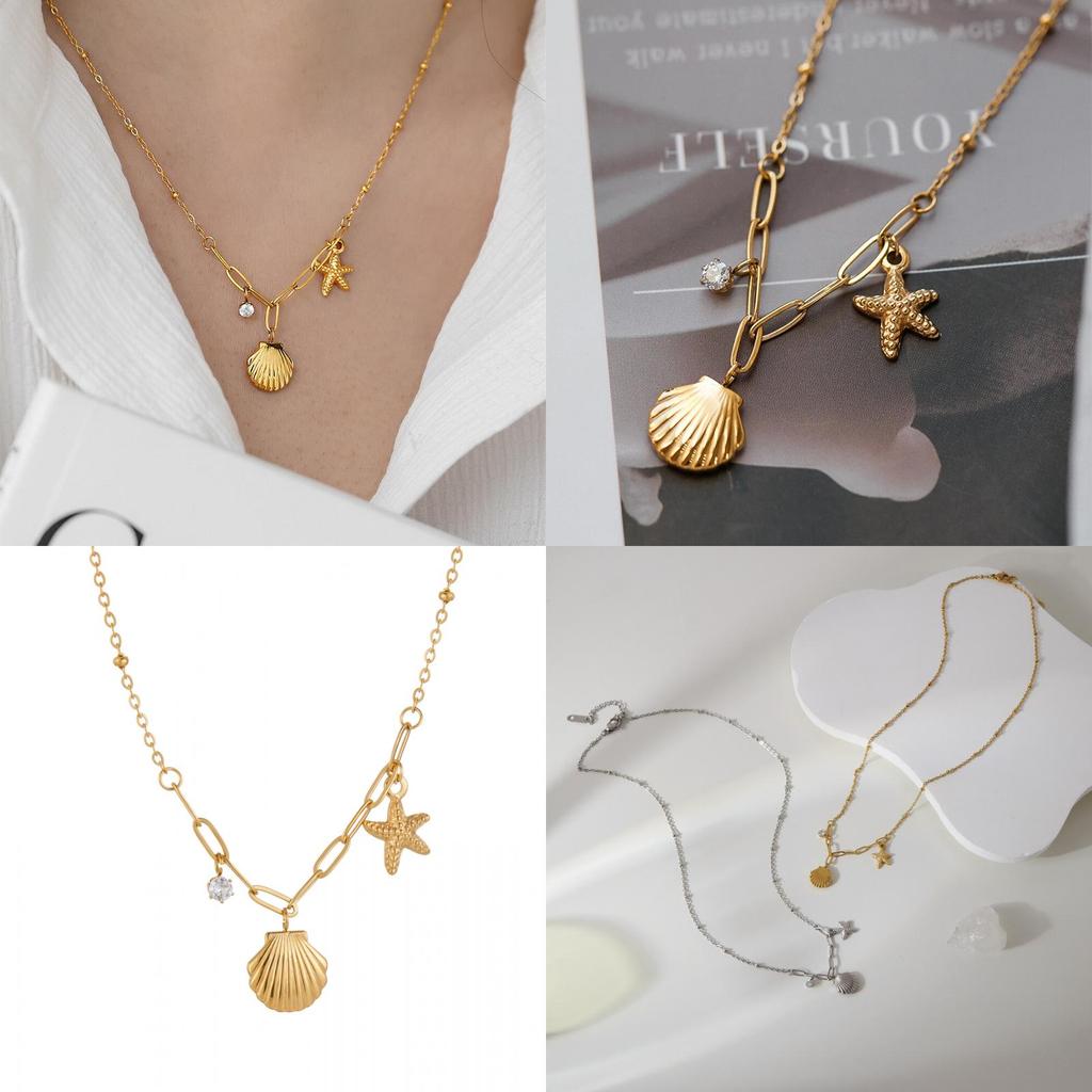 Stunning Gold And Silver Titanium Steel Starfish Shell Pendant Necklace For Women