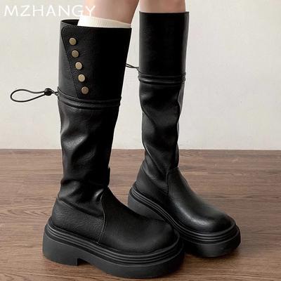 Mode Plateau Damen High Boots Lederschuhe Wintermode Kniehohe Schuhe Damen 2024 Trend Schneestiefel Kleid Mujer Chelsea Stiefel