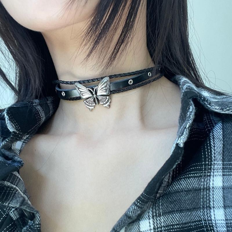 Women Men Cool Punk Choker Necklaces Bracelet Gothic Butterfly Pendant Biker Choker PU Leather Collar Sexy Jewelry Gift