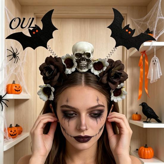 Festive Hair Decorations for Costumes Halloween Flower Skeleton Bat Headband, Gothic Floral Skull Bands, Spooky Fashionable Clips Accessory,