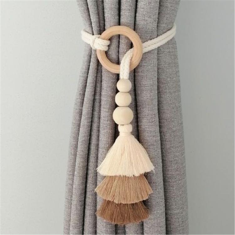 2 Pack Cotton Rope Curtain Holdbacks Ties Decorative Drapery Clip With Fringe and Wooden Beads for Living Room Decors